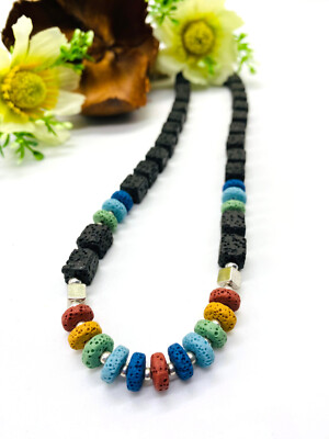 Halskette HANDMADE Lava Würfel schwarz Modeschmuck Metallperlen 305c-1360