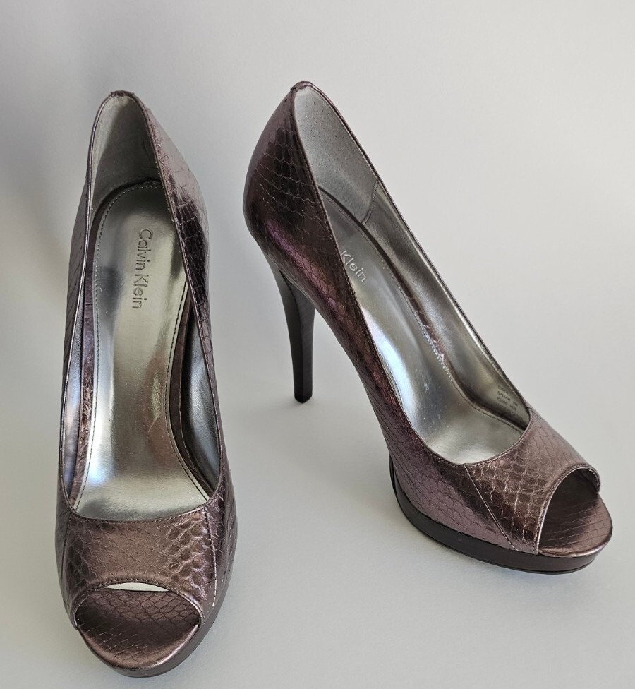 Calvin Klein Dahlia Metallic Faux Snakeskin Pumps Peep Toe