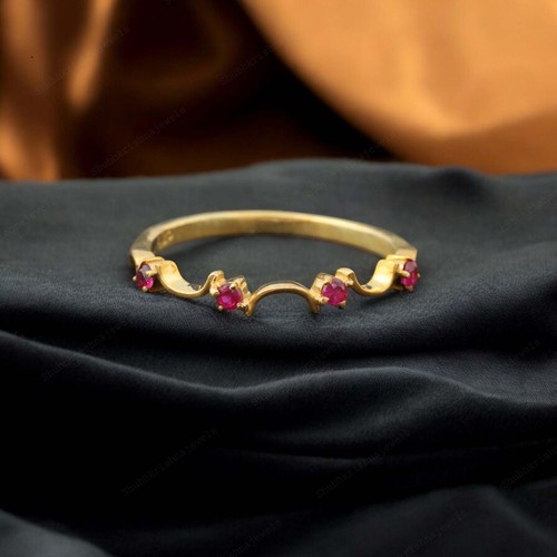 925 Sterling Silver 2 mm Round Shape Natural Pink Ruby Band Yellow Gold Plated - Picture 4 of 7