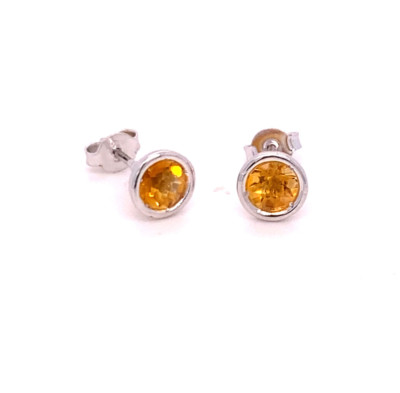 14 Karat Weißgold Ohrstecker mit Zargenfassung 1,2 kt 5 mm runde Form Citrin