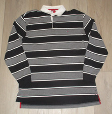 TOMMY HILFIGER Polo Rugby Jersey Mens Medium Navy Grey Stripe Long Sleeve Logo