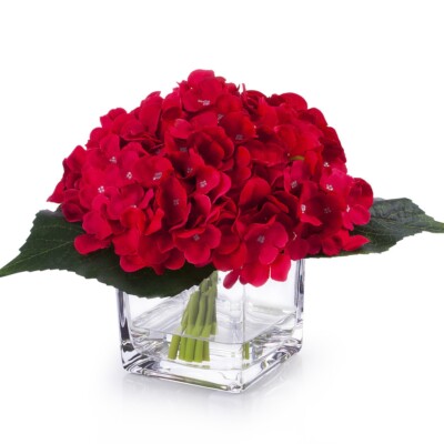 Artificial Silk Hydrangea in Clear Glass Vase With Faux Water for Home Office