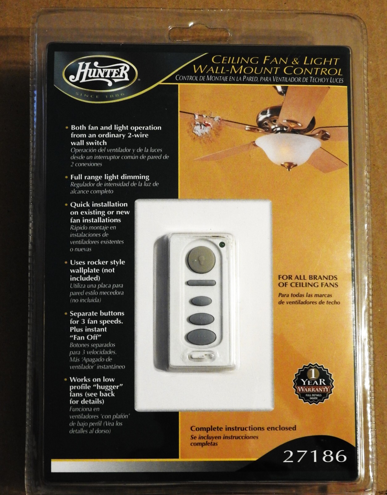 Hunter WallMount Control. 27186 (All Fan Ceiling Fan & Lights) New