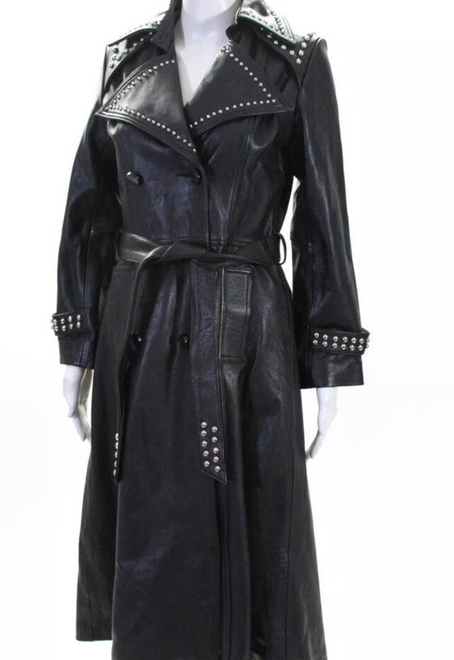 Designer Understated Womens Black Studded Leather Trench Coat