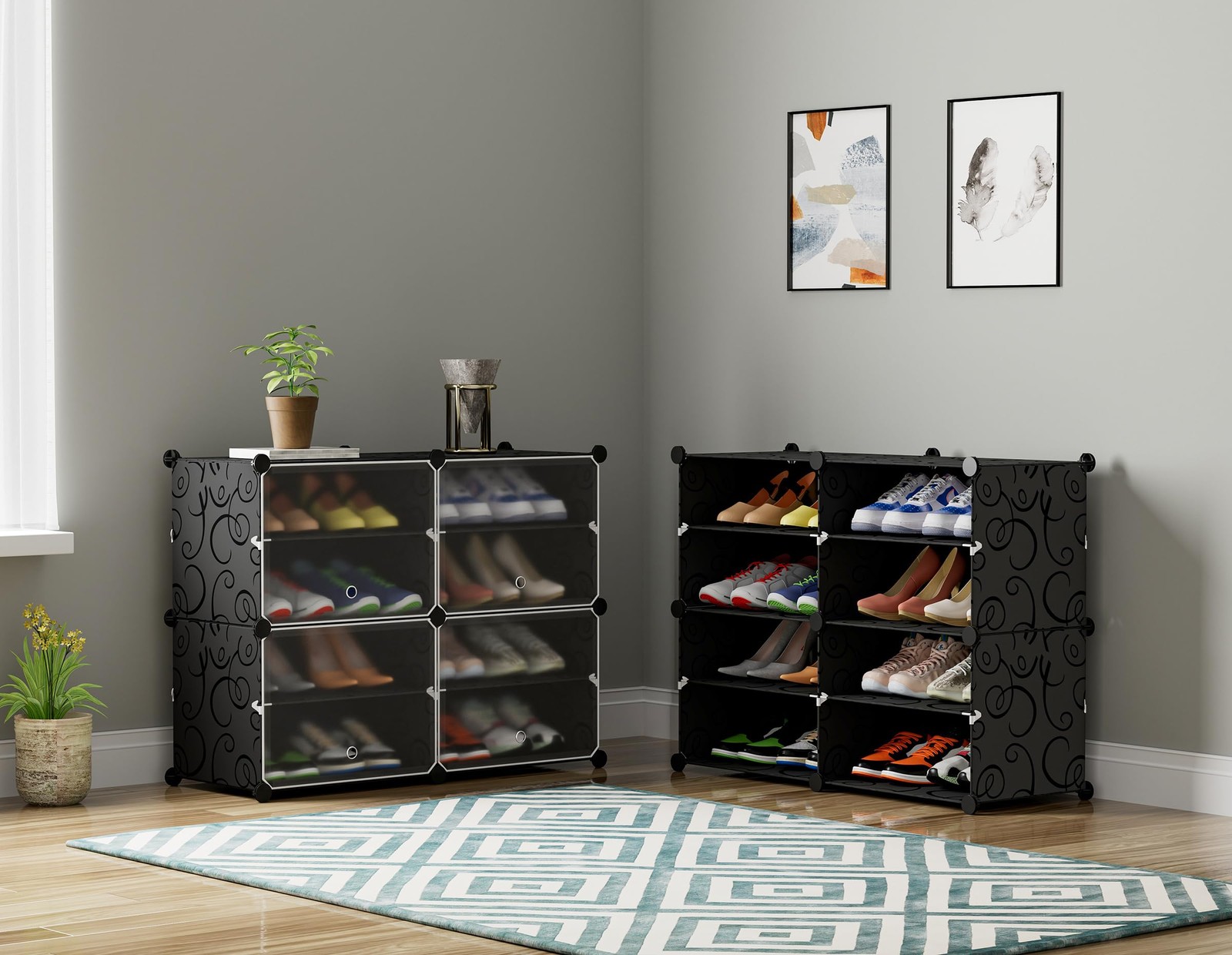 Black 4-Tier Shoe Rack Cabinet, 16-Pair Plastic Organizer for Bedroom/Closet