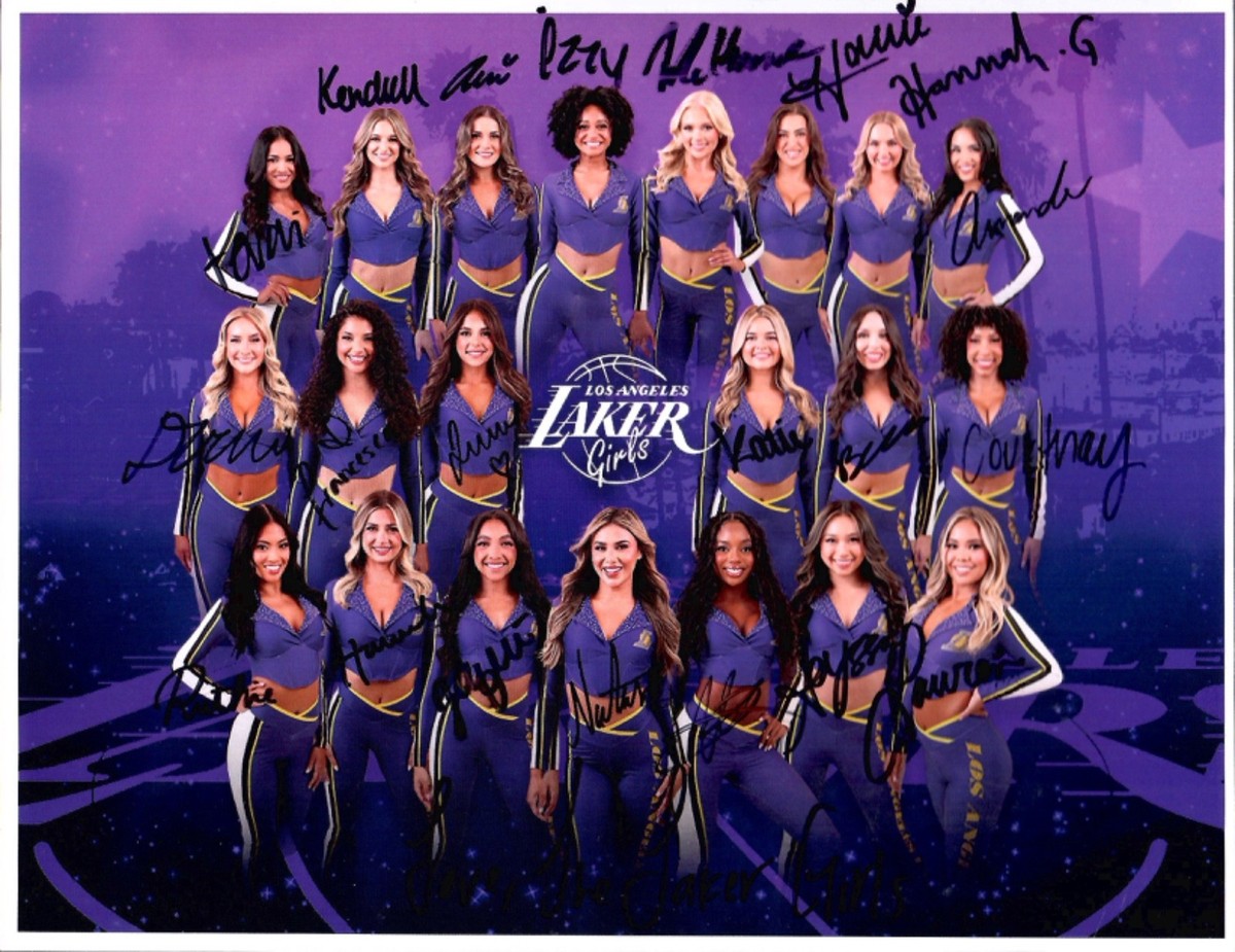 lakers poster girl purple dress 2026 LAKER GIRLS HAND SIGNED 8x11 COLOR PHOTO+COA SIGNED BY WHOLE SQUAD