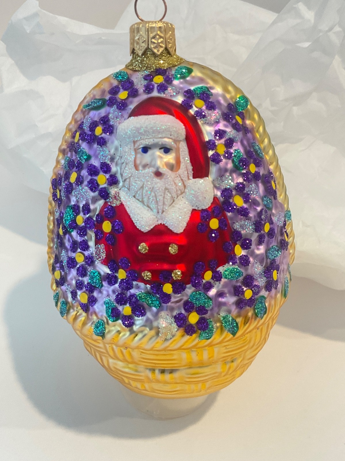 Patricia Breen Glass Christmas Ornament FORGET-ME-NOT-SANTA Santa Basket Egg C