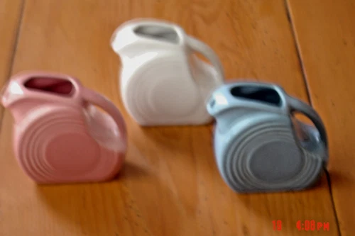 3 Miniature FIESTA Disk Pitchers Blue, Pink & White