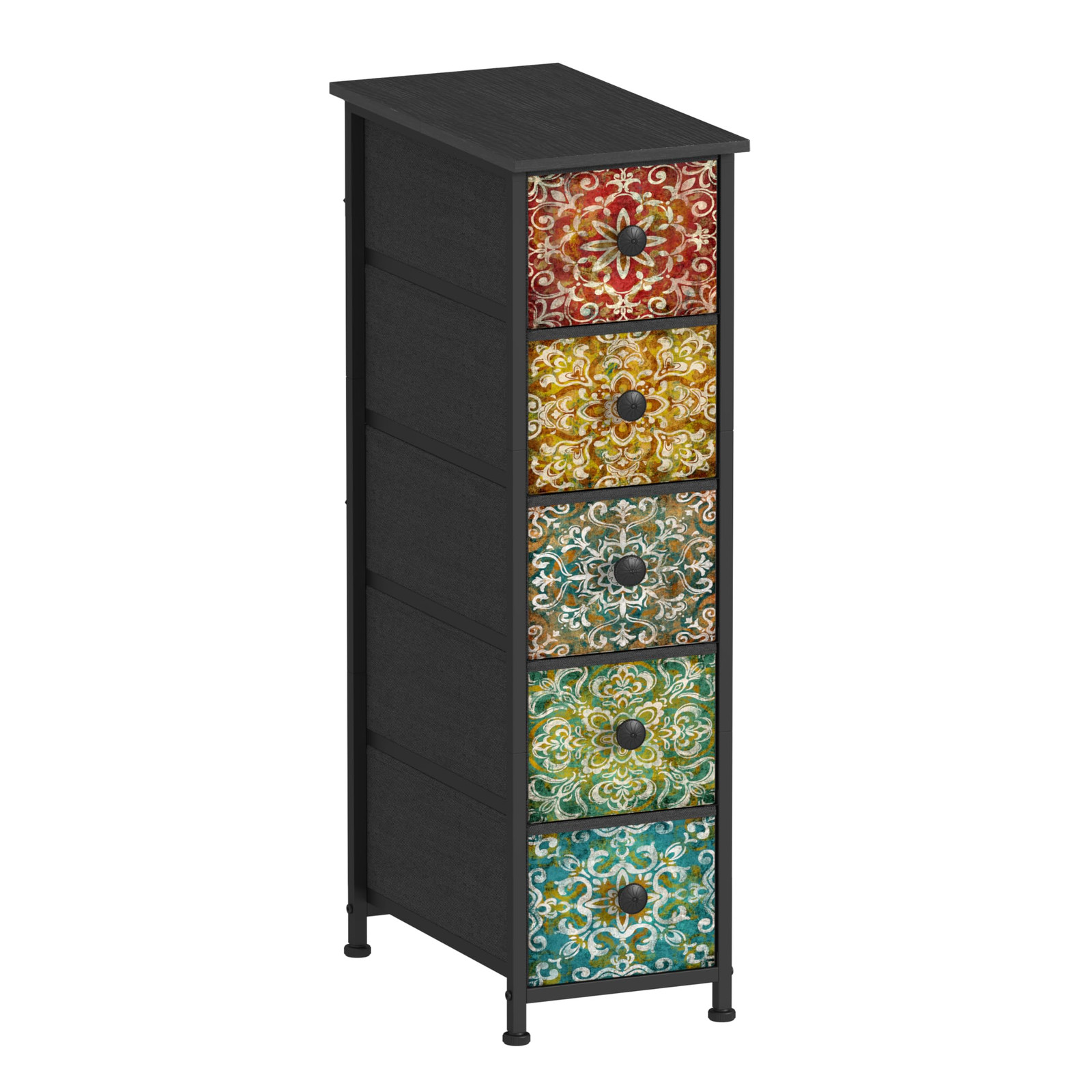 Retro Skinny Dresser with Fabric Drawers Thin Slim Boho Mandala Flower Chest ...