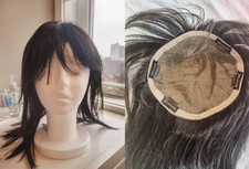 Pre-Owned Human Hair Topper 7x7in Hand-Tied Realistic Scalp Free Part Jet Black