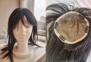 Pre-Owned Human Hair Topper 7x7in Hand-Tied Realistic Scalp Free Part Jet Black