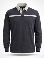 Mens Rugby Polo 6 Nations  Shirt Navy Cream Long Sleeve Cotton Size Large 