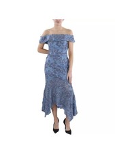 XSCAPE Womens Blue Lined Handkerchief Hem Short Sleeve Mermaid Dress 4