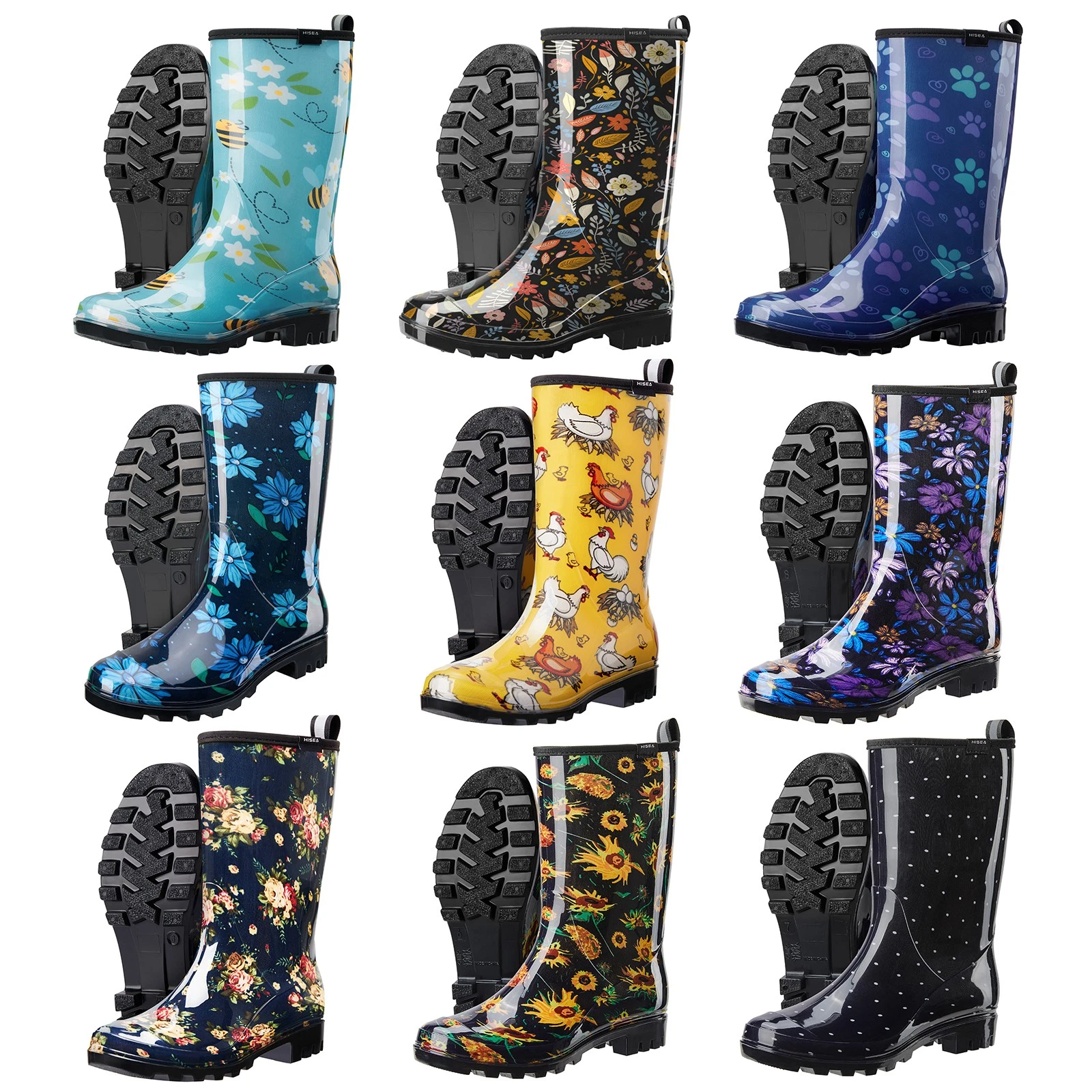 HISEA Women's Printed Rain Boots Mid-Calf Waterproof Garden Boots Glossy Wellies