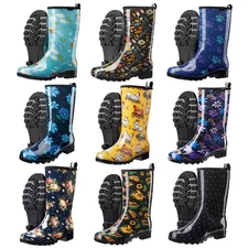 HISEA Women's Printed Rain Boots Mid-Calf Waterproof Garden Boots Glossy Wellies