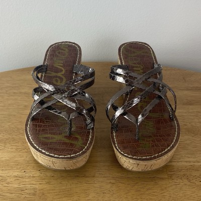 Sam Edelman Women s Reana Pewter Snake Strapped Thong Cork Wedge Sandal Sz 8.5