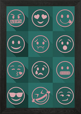 Emoji Expressions Teal Framed Wall Art Poster Canvas Print Picture