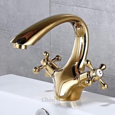Gold Polished Brass Bathroom Sink Faucet Dual Handle Cross Knob Hot Cold Mixer T