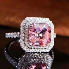 Lab-Created Pink Sapphire 3Ct Assher Cut Halo Wedding Ring 14K White Gold Plated
