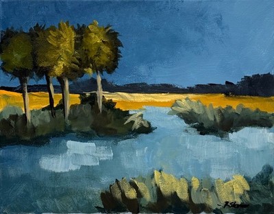 R Stevens Landscape Painting 11x14 Acrylic Marsh Trees Reflection