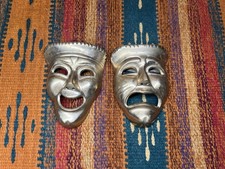 Máscaras de comedia y tragedia de latón macizo de 5" juego de decoración de pared de teatro drama India