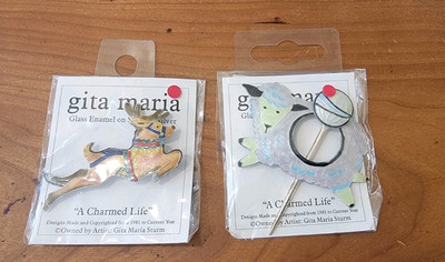 (2) NEW Gita Maria Sterling Silver Glass Enamel Pins REINDEER - SHEEP