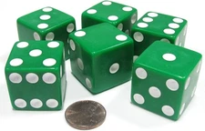Koplow Games Set of 6 D6 25mm Large Opaque Jumbo Dice - Green with White Pip 