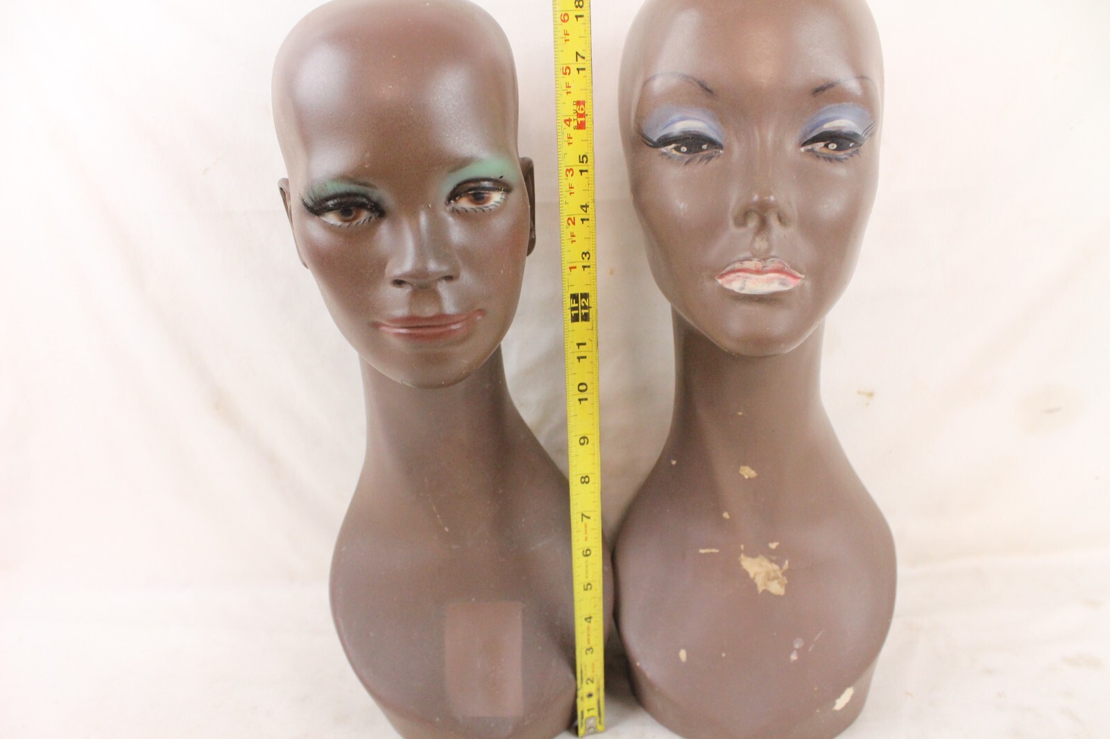2 Vintage Fiberglass Mannequin Bust Head Wig Painted Eyes Halloween
