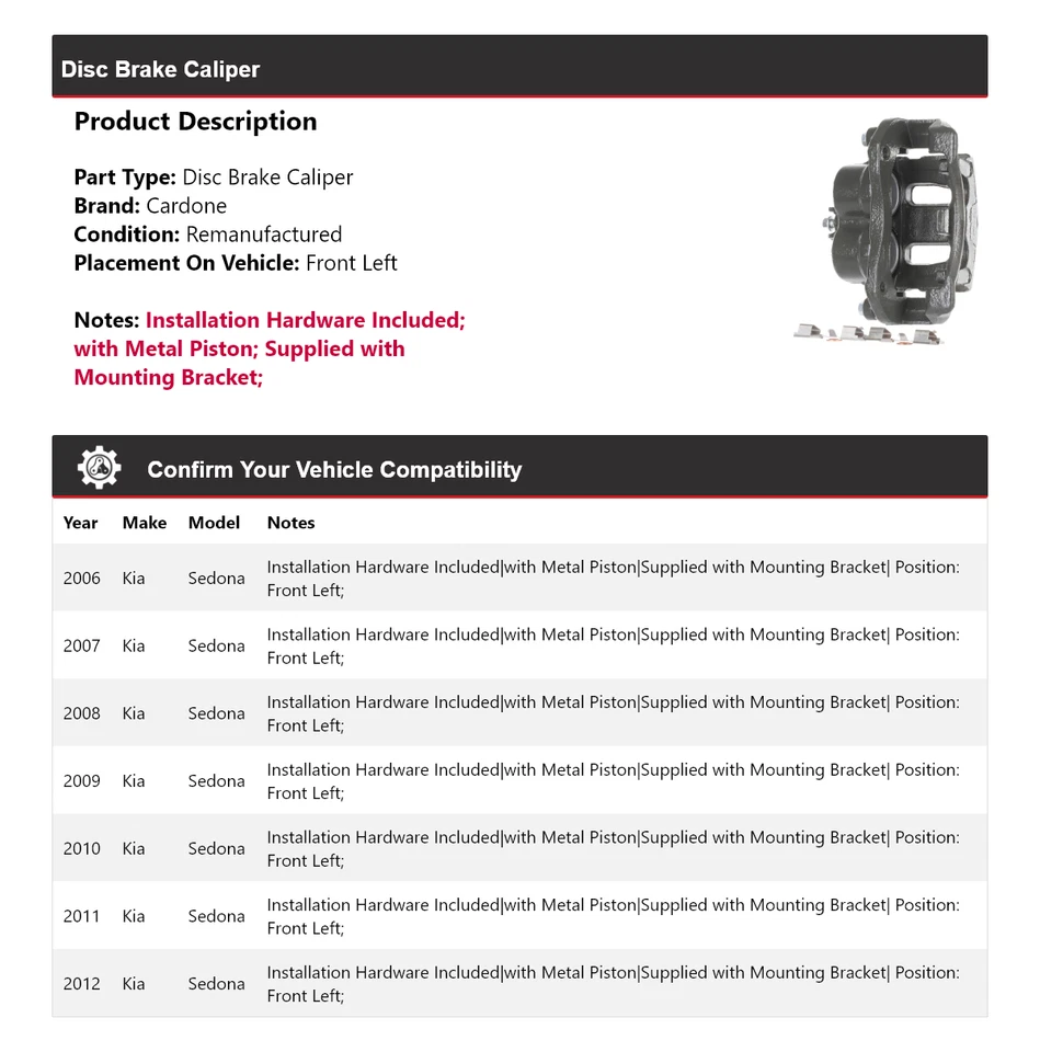 Para 2006-2012 Kia Sedona pinça de freio a disco dianteira esquerda Cardone 2007 2008 2009 - Imagem 2 de 4