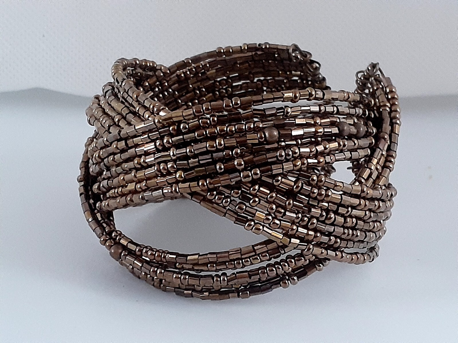 Brown Memory Wire Wrap Stretch Cuff Bracelet Seed… - image 4