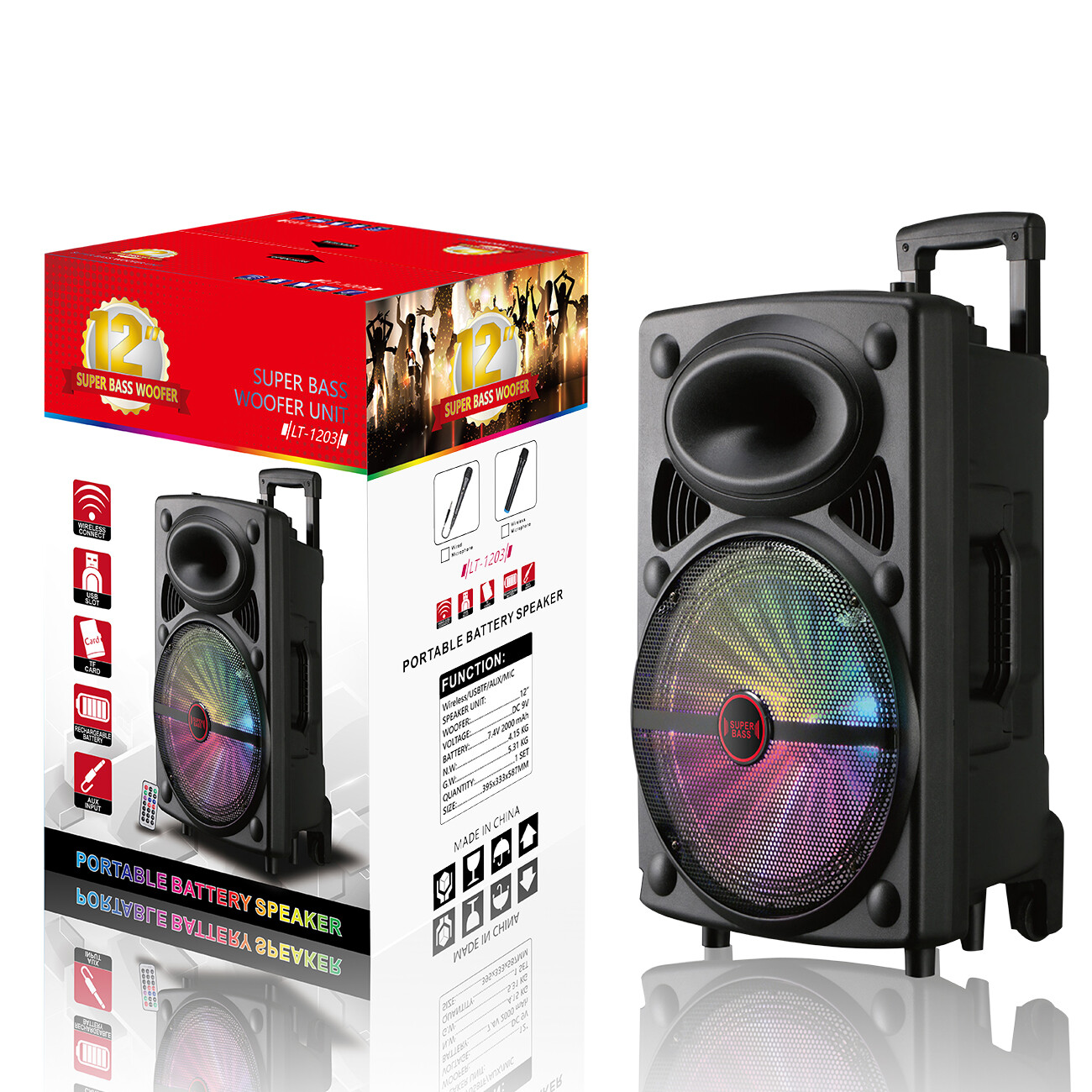 Reiko 12″ Speaker with Charger Line, Wireless Mic and Remote (LT-1203)