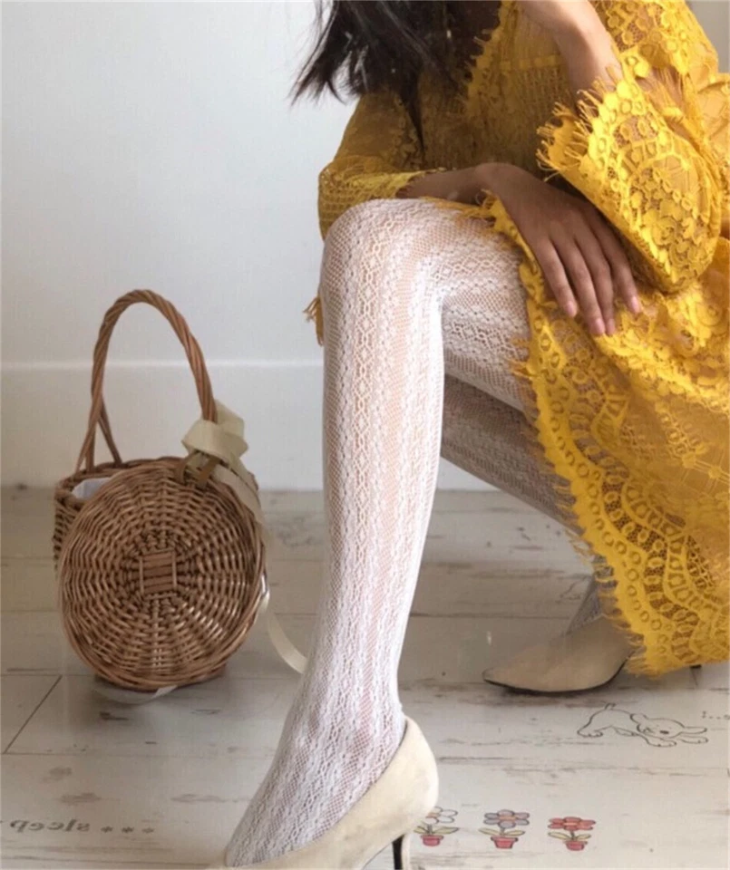 NUEVO Mujeres Blanco Encaje Elegante Retro Rayas Pantimedias Red de Pesca Malla Medias Medias Medias Foto 4 de 4