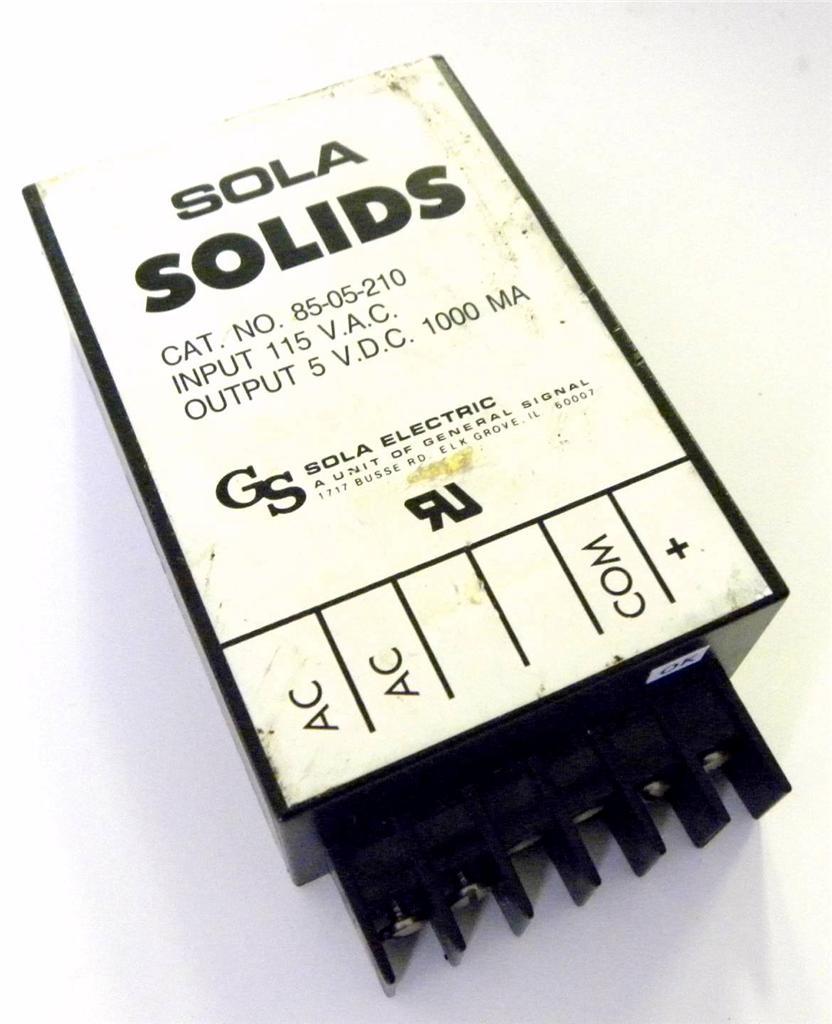 *。+Sola。* SOLA SOLIDS POWER SUPPLY 115VAC INPUT 5 VDC OUTPUT MODEL 85-05-210