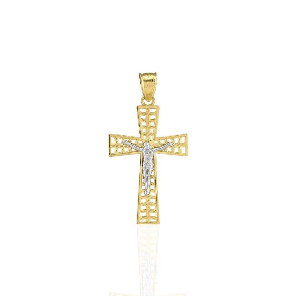 Colgante Cruz Religiosa Crucifijo Jesús Texturizado Oro Amarillo y Blanco 10k 1.34" Foto 2 de 4