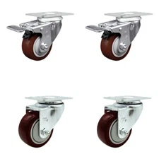 3.5 Inch Maroon Polyurethane Swivel Top Plate Caster Set 2 Total Lock Brake SCC