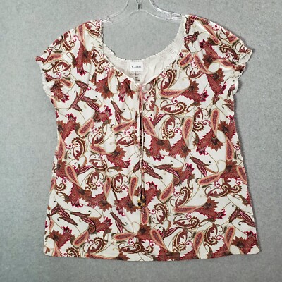 Croft & Barrow Women Top XL Red Paisley Blouse Smocked Beaded Cap Sleeve