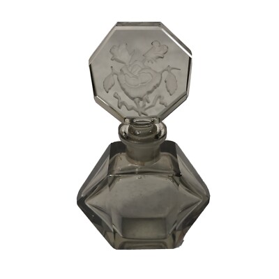 VTG Czech Glass Perfume Bottle Dark Smoky W/ Carved Rose