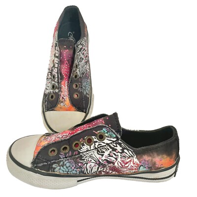 Vintage Ed Hardy Low Top Slip On Sneakers Shoes Girl's 2- Y2K Tiger Skulls