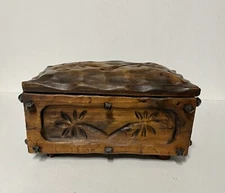 Vintage Hand Carved Wooden Box Footed Folk Art Primative Rustic Spanish Decor