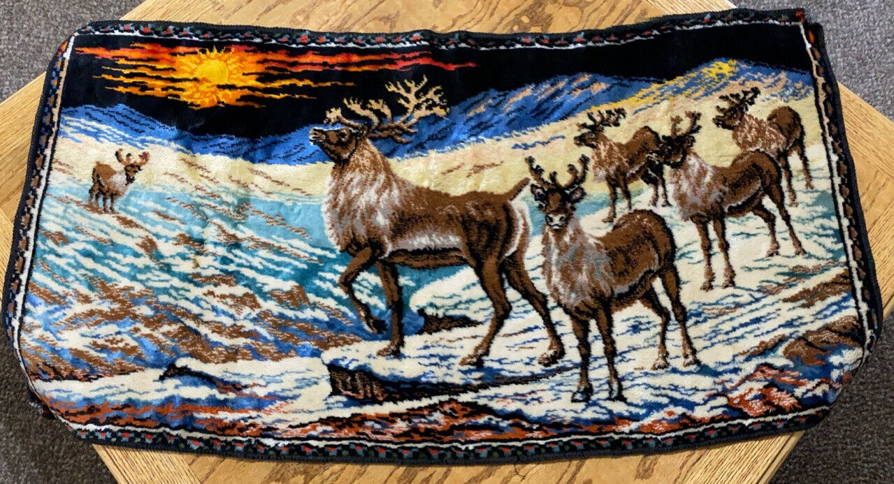 VTG Made In Italy 19.5 X 38” Reindeer Snow Tapestry Velvet Sunset Wall Decor/Rug