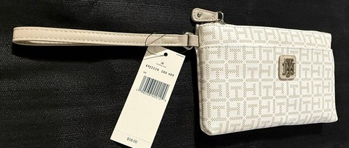 TOMMY HILFIGER Women's White & Beige Logo Zipper Wristlet Wallet Vegan Leather - Picture 2 of 10