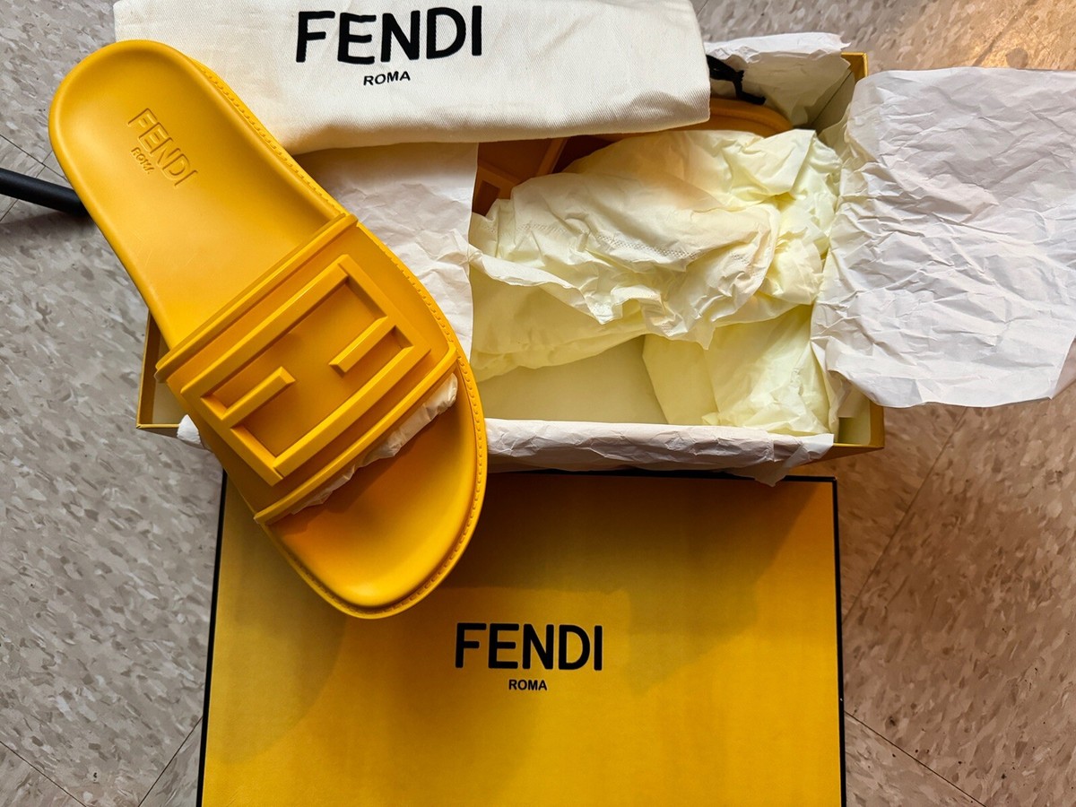 Fendi Men\'s FF Rubber Slide Sandals Yellow 11 US/10 UK Italy 7X1522 msrp $460 FENDI Logo-Embossed Baguette Rubber Slide | Mercari main image 2