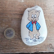 🍀Glücksstein🍀Schweinchen Dick Porky Pig🌷Cartoon Kunst bemalter Stein um 1972