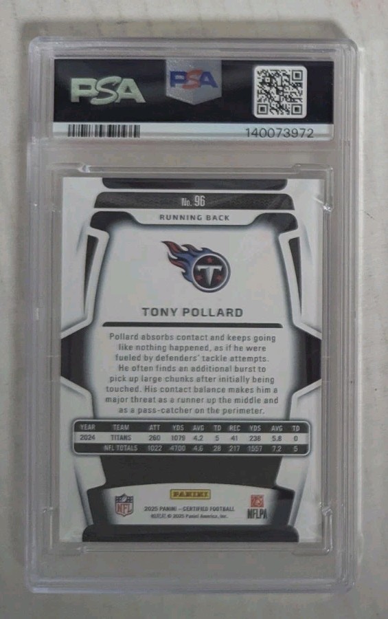 TONY POLLARD Titans 2025 Panini Certified Mirror Platinum FOTL /2 graded PSA 9 view 2