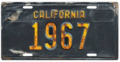 California 1967 License Plate w/ Weathered Raised Letter ''Effect''