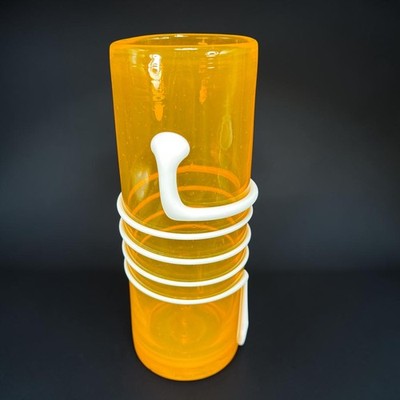 Poland Art Glass Vase Orange Amber White Coil Wrap Hand Blown Modern MCM 8.75in