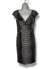 Kay Unger Silk Leopard Print Sheath Dress Cap Sleeve Surplice Neck Cocktail 6