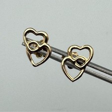 New 14K Solid Yellow Gold Double Heart Stud Earrings