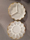 Vintage Anchor Hocking Deviled Egg Plate Milk Glass Dish Gold Trim & 3 part tray