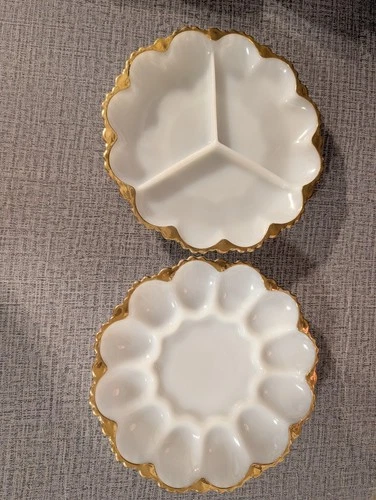 Vintage Anchor Hocking Deviled Egg Plate Milk Glass Dish Gold Trim & 3 part tray